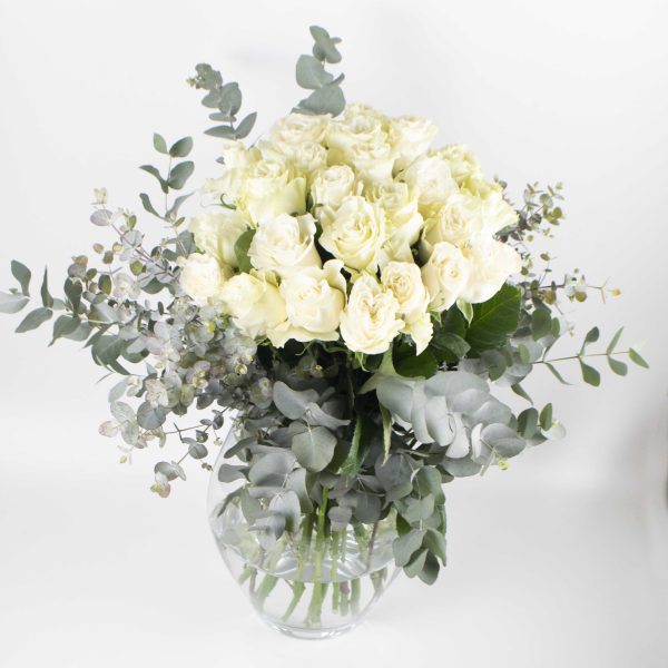 Bouquet of white roses and eucalyptus
