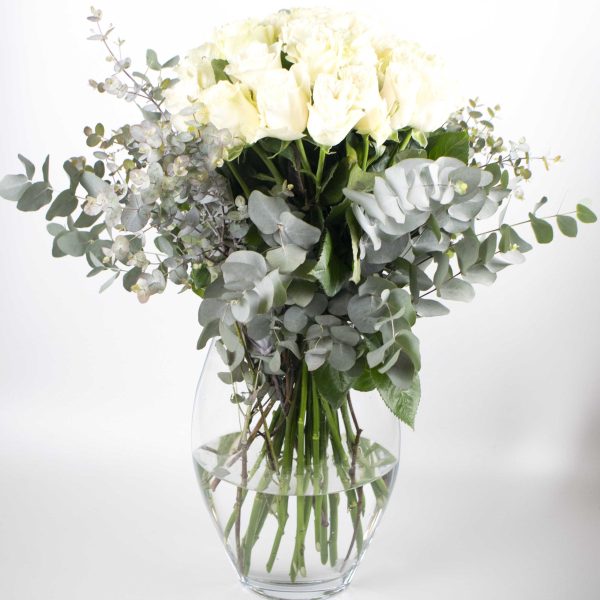 Bouquet of white roses and eucalyptus