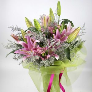 Ανθοδέσμη με λίλιουμ οριεντάλ, αλστρομέριες και λιμόνιουμ