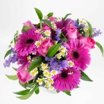 Bouquet of roses, gerbera, sea lavander, and chamomile