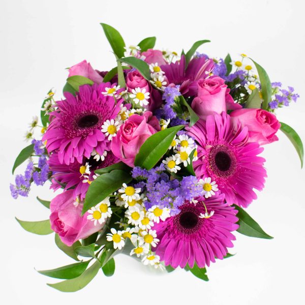 Bouquet of roses, gerbera, sea lavander, and chamomile