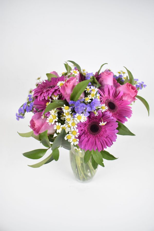 Bouquet of roses, gerbera, sea lavander, and chamomile